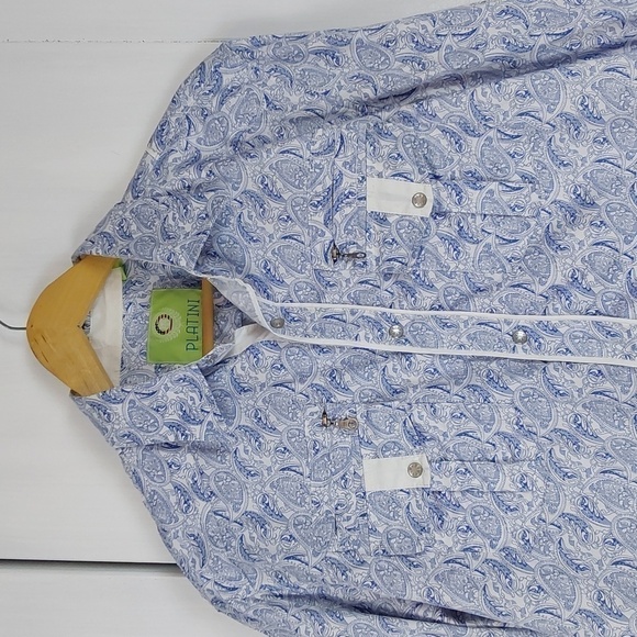 Platini- Mens Roper Western Shirt Blue & White Paisley Snap Button Down Sz.XL - Picture 2 of 11